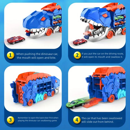 The transport dinosaur truck folds and slides 25 inches onto the track, turning four alloy buggies into standing Tyrannosaurus