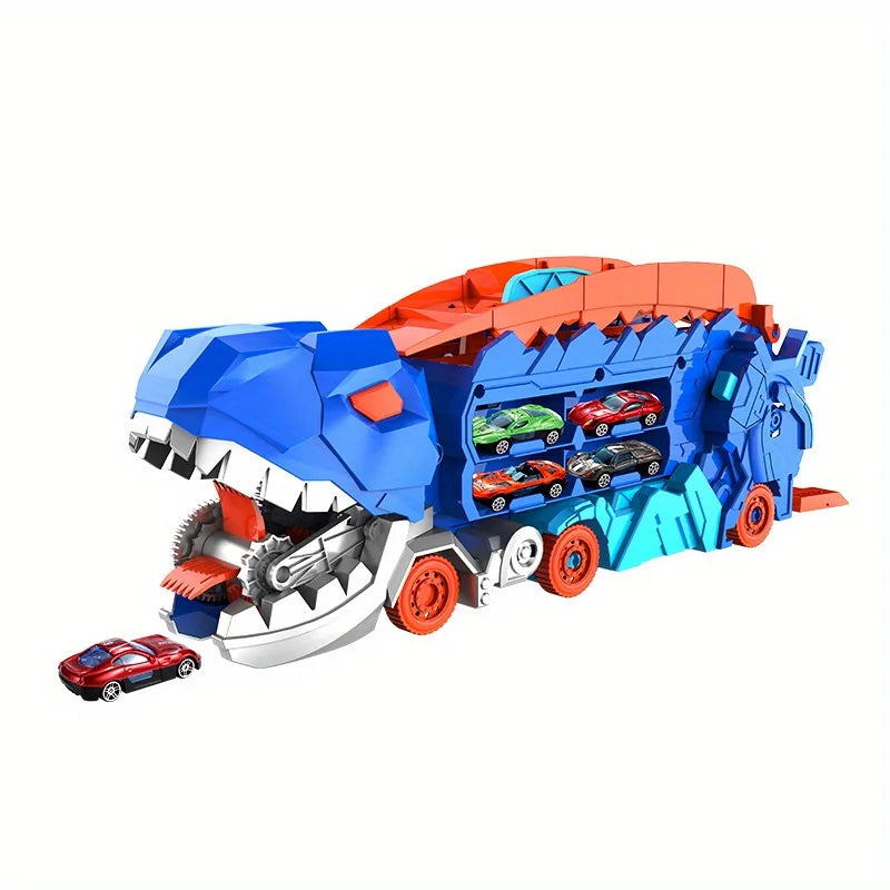 The transport dinosaur truck folds and slides 25 inches onto the track, turning four alloy buggies into standing Tyrannosaurus