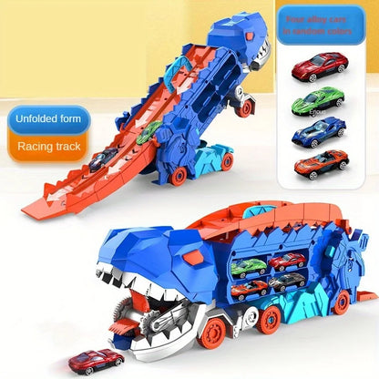 The transport dinosaur truck folds and slides 25 inches onto the track, turning four alloy buggies into standing Tyrannosaurus